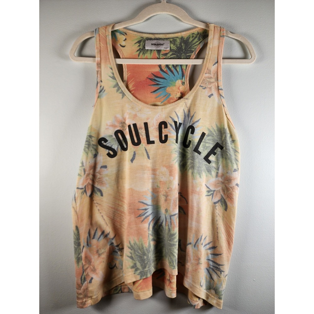 SoulCycle Womens Tropical Palm Tree Racerback Tank Top Orange Yellow Medium